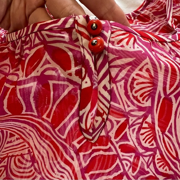 Trina Turk Silk Blend Printed Peasant Blouse keyhole neck relaxed semi sheer M - Picture 5 of 15